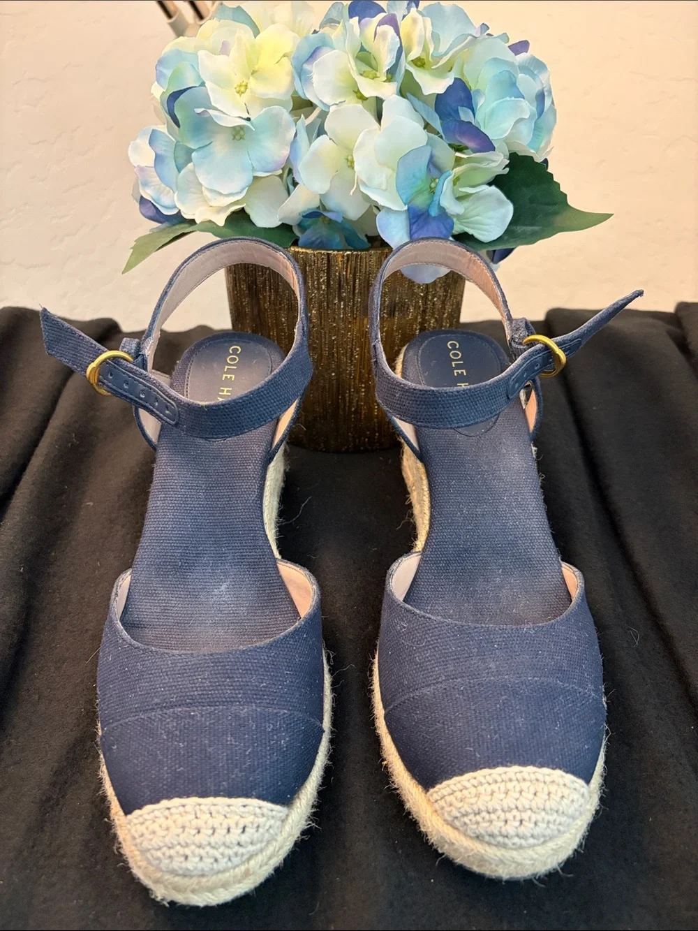 Cole Haan Navy Canvas Espadrille Wedge Sandals with Ankle Strap 3 in heels